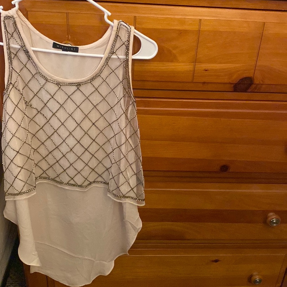 Cream high-low blouse with netted beaded detail, never worn!
